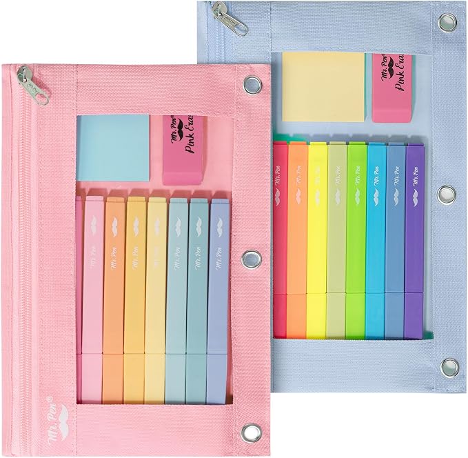 Mr. Pen- Pencil Pouch for 3 Ring Binder, 2 Pack, 10"x6.75", Smooth Zipper | Clear Window, Large Capacity Pencil Case with 3 Reinforced Grommets for School, Office, Supplies Storage