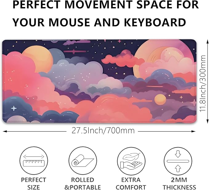 Red Cloud Desk Mat Cute Mouse Pad,Kawaii Anime Large Mousepad with Non-Slip Stitched Edges,Keyboard Mouse Mat Desk Pad for Women Girl Work Office Home(27.5X11.8 in)
