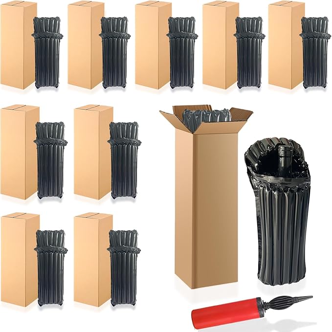 10 Wine Shipping Box Sets,Include 10 Wine Boxes for Shipping and 10 Bottle Protector Bags with 1 Reusable Air Pump,Inflatable Bubble Cushion Wrap for Transportation