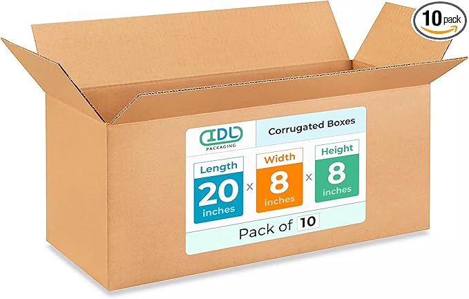 Long Shipping & Moving Boxes 20x8x8 inches (10-Pack) - Extra Strength 200 lb vs Regular - USA-Made Corrugated Packing Boxes for Moving - Heavy Duty Moving Box - Cardboard Box Moving by IDL Packaging