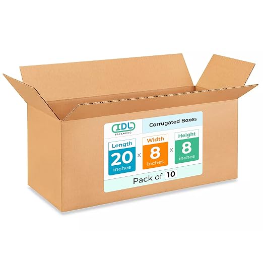 Long Shipping & Moving Boxes 20x8x8 inches (10-Pack) - USA-Made | Extra Strength 200 lb vs Regular - Corrugated Packing Boxes for Moving - Heavy Duty Moving Cardboard Box by IDL Packaging