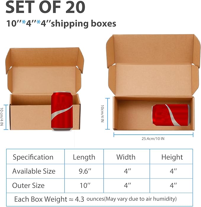 Small Shipping Boxes 10x4x4 Inches - Kraft Brown Corrugated Cardboard Boxes (20-Pack) for Mailing, Packing, Small Business & Gift Packaging - Recyclable & Sturdy