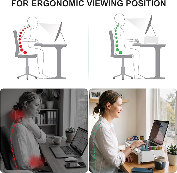 WALI Computer Monitor Stand with Storage and Pen Holder | 3 Height Adjustable Desk Organizer with Drawer, Desk Laptop Monitor Riser for Computer, Printer(PTT003-M), 1 Pack, Marble