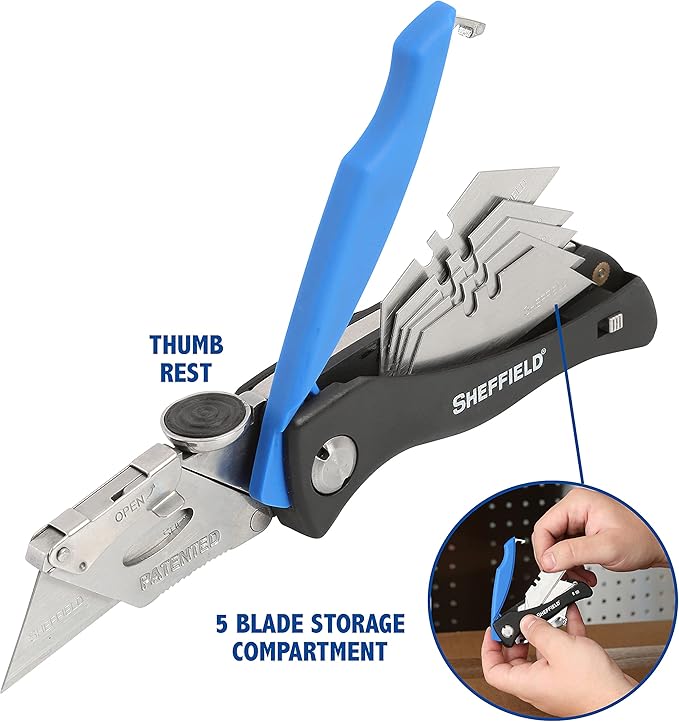 Sheffield Folding Utility Knife, Accepts Standard Utility Knife Blades, Box Cutter, Razor Blades Included, For Home, Office, Trades, and Warehouse
