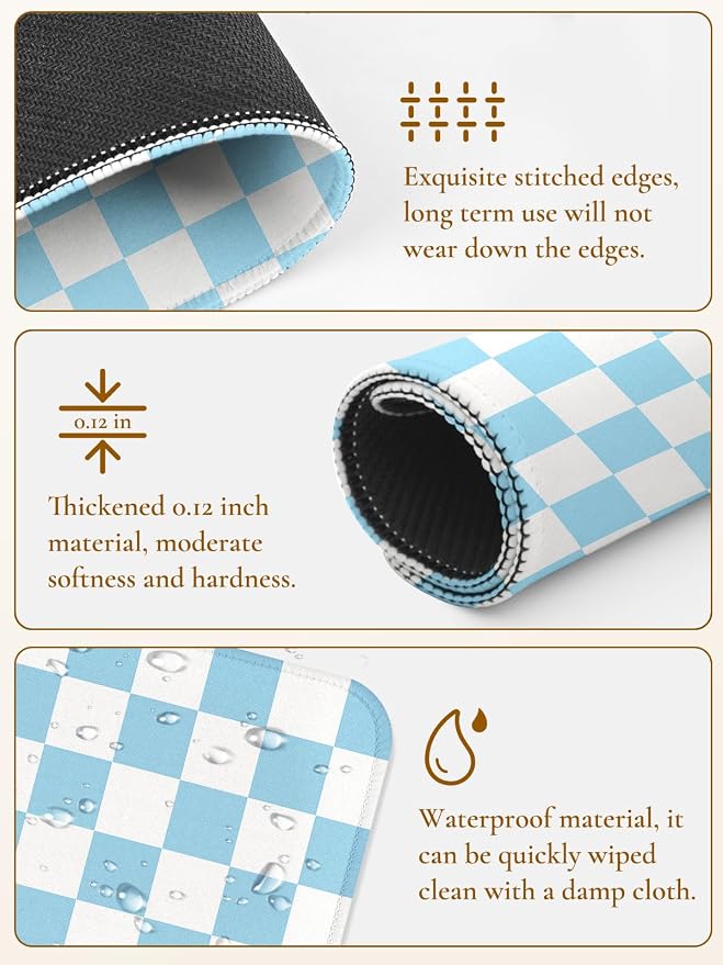 Square Cute Checkered Mouse Pad with Stitched Edge, Premium Waterproof Cloth Aesthetic Small Plaid Mouse Mat, Non-Slip Rubber Base Funny Mousepad Desk Accessories,Checkerd Blue White