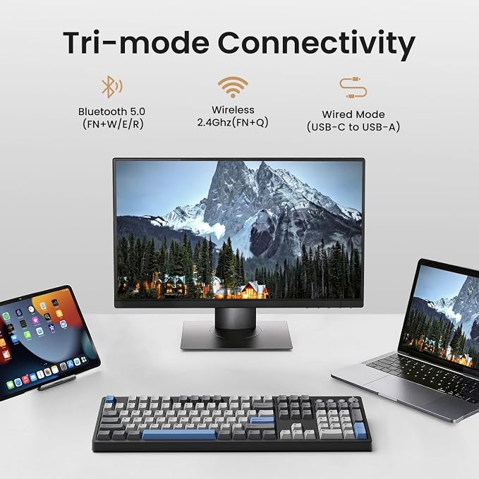 Kisnt KN104 Wireless Mechanical Keyboard for Office& Gaming | 100% Full Size with numpad, Bluetooth/2.4GHz/USB-C, Custom RGB, Hot-Swappable, Knob Control, Creamy Sound with Linear Switch