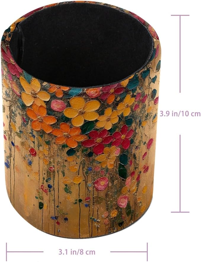 Leather Pen Holder for Desk, Hanging Floral Pencil Cup Pen Organizer Makeup Brush Holder for Office Home Kids Countertop Desk Accessory Storage