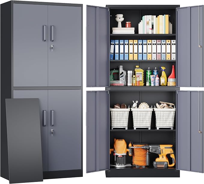 Metal Storage Cabinets with Doors and Shelves,71" Metal Garage Storage Cabinet with Lock,Gray Steel Cabinet with Locking Doors,4 Door Lockable Cabinets for Garage,Home,Office