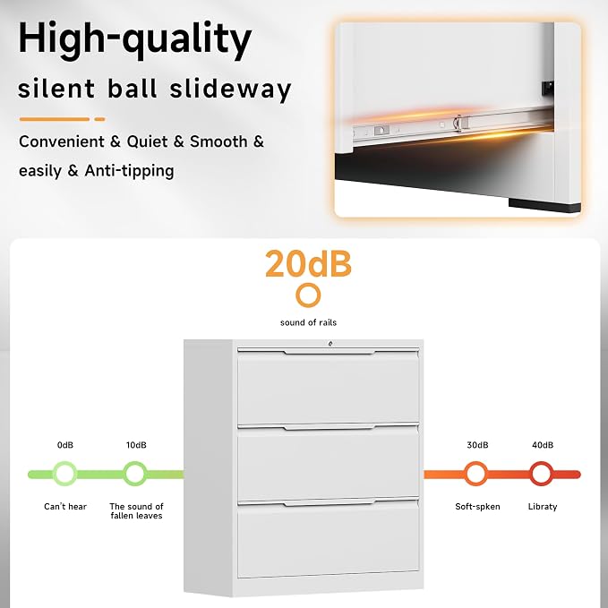 Bestoo 3 Drawer File Cabinet, Metal Lateral Filing Cabinet with Lock | Lockable Drawers, Large Storage Capacity, Heavy Duty Build, Smooth & Quiet Slides, Suitable for Letter/Legal/F4/A4 Size