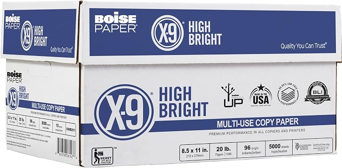 Boise® X-9® High Bright Multipurpose Copy Paper, Letter Paper Size, 108 (Euro)/96 (US) Brightness, 20 Lb, White, 500 Sheets Per Ream, Case Of 10 Reams