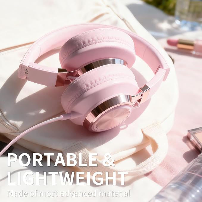 Wired Over-Ear Headphones Pink with Mic for School Work, 3.5mm Jack | Corded Passive Noise Isolating Stereo Headphones with Volume Control, Comfort Protein Leather Earcups for Teens, Women, Girls