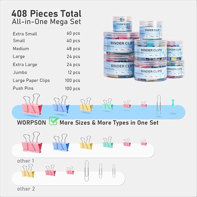 408 PCS Binder Clips Paper Clamps Assorted Sizes and Push Pins, Binding Paperwork Clamp Bulk, School Teachers Office Supplies (Multicolor)