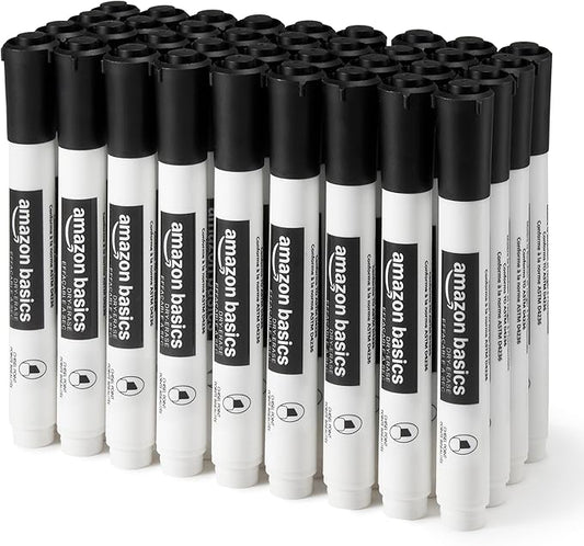 Amazon Basics Low-Odor Dry Erase Whiteboard Markers, Chisel Tip, Quick-Dry, Black, 36-Pack