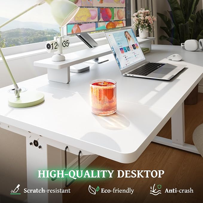 White 47x24 in Electric Standing Desk, 0.8 Inch Thick Tabletop | Holds 200lbs, Sit Stand, 3 Memory Height Adjustment, Extra Deep Table Top, White Frame