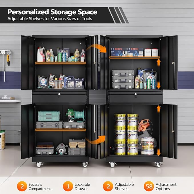 VINGLI Metal Storage Cabinet with 4 Doors and Drawer, 71" Tall Steel Lockable File Cabinet, Garage Storage Cabinet with Wheels and Locks (Black)