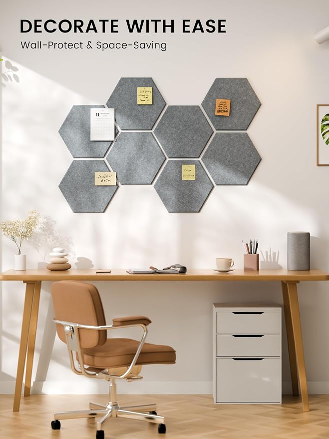 Fluxynara 8-Pack Hexagon Felt Bulletin Board Tiles, Blue Gray-1 | Cork Board Alternative with 50 Adhesive Tabs for Notes, Photos and Reminders in Home Offices, Dorm and Classrooms