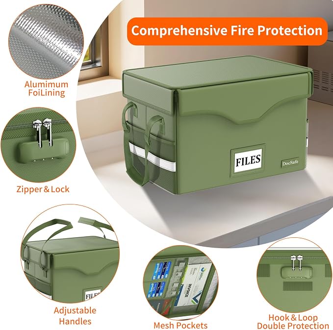 DocSafe 5200°F Fireproof Document Box with Lock,Heat Insulated File Organizer Storage with Pockets,Collapsible Portable Home Office File Safe Box with Handle for Hanging Letter/Legal Folders, Green