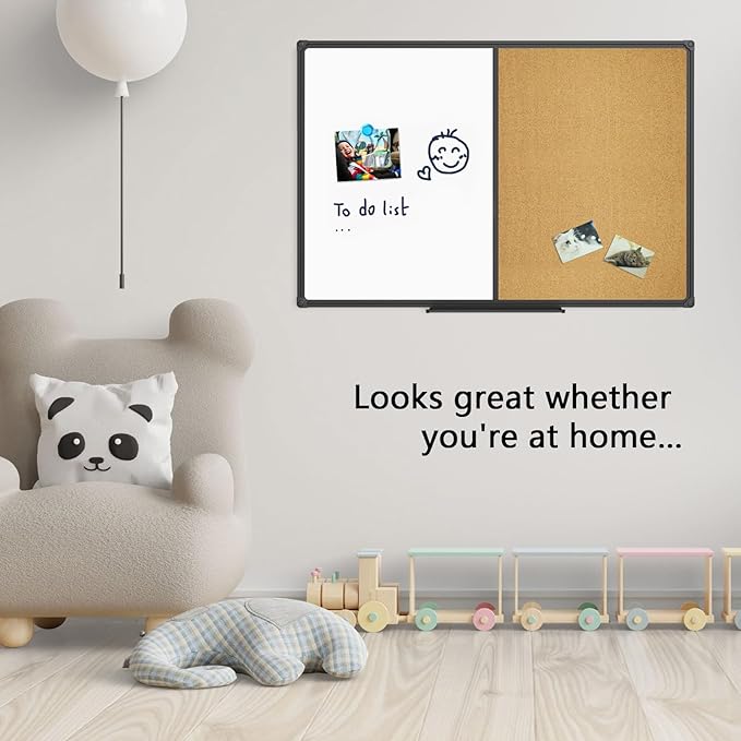 JILoffice White Board & Bulletin Corkboard Combination, Combo Board 48 x 36 Magnetic Whiteboard, Black Aluminum Frame Wall Mounted Board for Office Home and School with 10 Push Pins