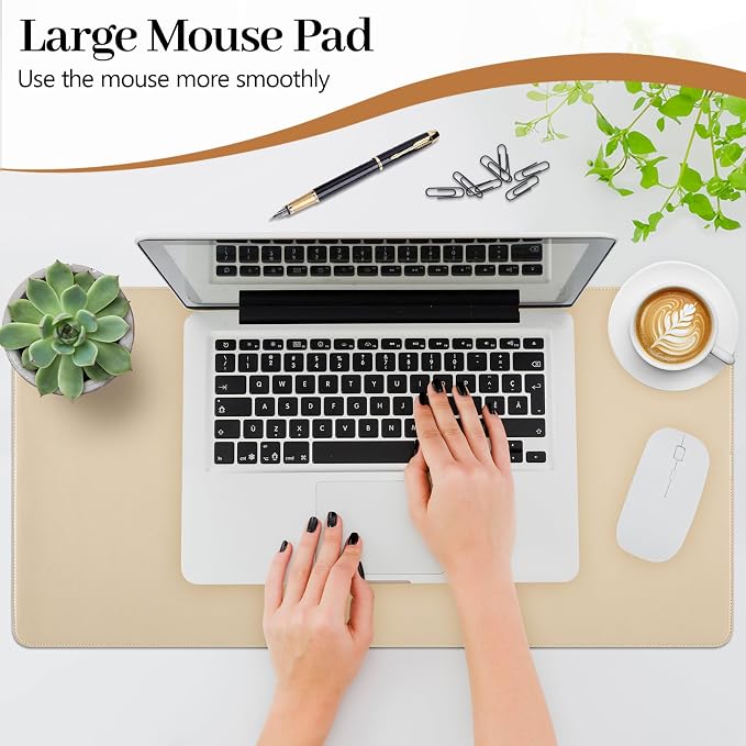 Beige Leather Desk Pad Large Mouse Pad, 23.6"x13.8" | Waterproof Desk Mat for Keyboard and Mouse, Non-Slip Computer Desk Protector, Smooth Mouse Control for Home Office