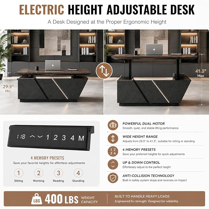 SAINTCY 86.6in Adjustable Executive Desk - Luxury L Shaped Desk with Drawers, Large Table with File Cabinets, Executive Office Desks with LED Light Strip Home Office Desk for Professionals