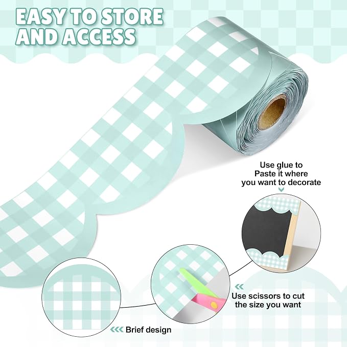 Zonon 65ft Light Green Gingham Bulletin Board Border Pastel Scalloped Bulletin Board Trim Back to School Classrooms Decoration for Party Whiteboard, Walls, Desks, Windows, Doors, Lockers