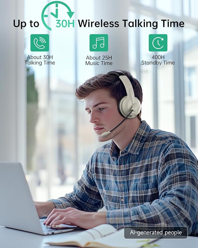 AOC Wireless Headset with Mic for Work, AI Noise Cancelling, Bluetooth | AI Noise Cancelling Mic, Bluetooth 5.3, USB-A/C Dongle Included, Mic Mute, Compatible with PC, Laptop & iPhone