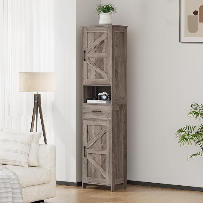 Homhedy 67" H Tall Bathroom Storage Cabinet with 2 Barn Doors and 1 Drawer, Narrow Storage Unit, Adjustable Shelves, Floor Cabinet for Bathroom, Living Room, Entryway, Kitchen, Greige, (15.7" W)