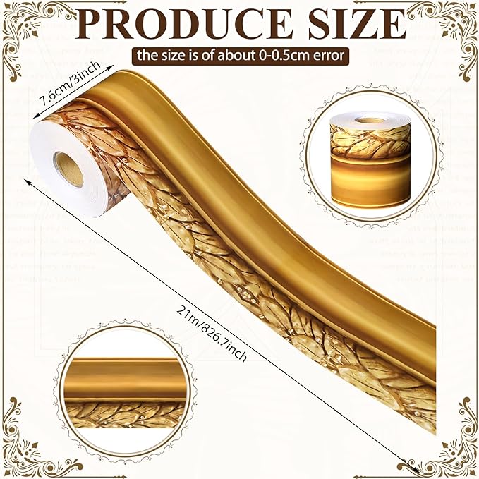 Outus 68FT Gold Frame Bulletin Board Border Die-Cut Straight Border Trim for Classroom Chalkboard, Picture Frames, Artworks, Walls, Mirrors & Office Decor, Classic Metallic Frame Molding(Elaborate)