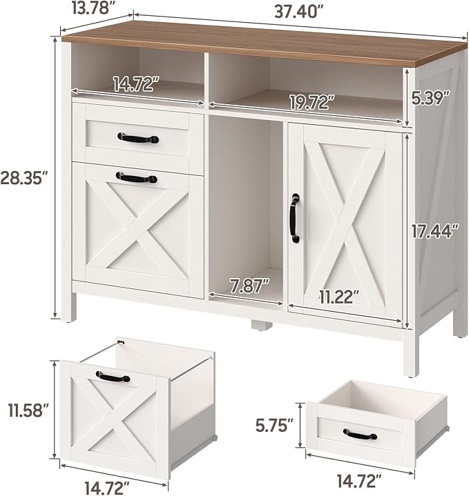 Befrases Farmhouse File Cabinet with Doors, Lateral Filing Cabinet with 2 Drawers for Letter/A4 Size Hanging Files, Large Wooden Printer Stand with Open Shelf for Home Office, Rustic White