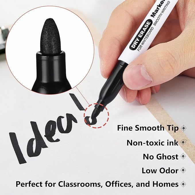 SFAIH Fine Tip Dry Erase Markers - 12 Pack Black Whiteboard Erasable Markers Bulk, Professional Starter Set for Office & Home Office. The Ideal Size for 1-2 Desks or a Small Team, Non-Toxic Easy Clean