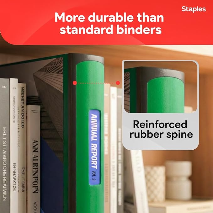 Staples Heavy-Duty 3-Inch D-Ring Binder, Green – Large Capacity 3-Ring Binder with Pockets, Holds Up to 600 Sheets