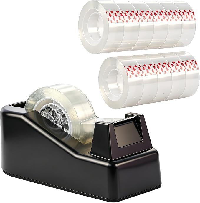 Desktop Tape Dispenser with Nonskid Base,Includes 12Rolls of Tape | [Black] [Transparent Tape (0.71” x 1000” Per Roll)] [Heavy-Duty Non-Slip Office Tape Dispenser for Home, Office]
