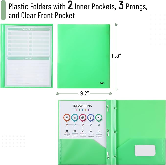 Mr. Pen- Plastic Folders with Pockets and Prongs, 24 Pack, Letter Size, Green, Flexible Plastic Folders with Prongs, Clear Front Pocket and Card Slot