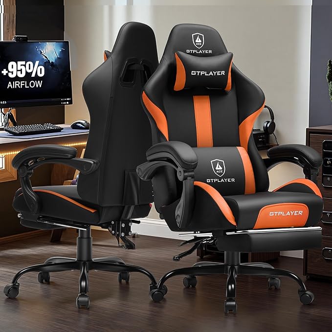 GTPLAYER Gaming Chair with Foot Rest & Pocket Spring Cushion, Ergonomic High Back Computer Chair with Headrest & 360°-Swivel Seat for Home Office Desk, PU Leather, Orange
