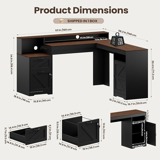 MALOL 63" Farmhouse L Shaped Executive Desk, Corner Computer Desk with Drawers & Storage Shelf, Home Office Desk with Power Outlet, Monitor Stand, Wood Grain Desktop, Black & Rustic Brown