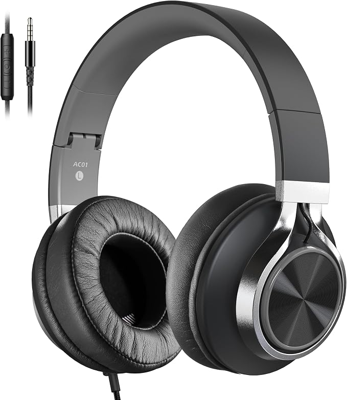 AC01 Headphones Wired Over Ear with Mic Volume Control, Black Grey | Passive Noise Isolating Corded Stereo Headsets for Adults Teens Kids 3.5mm for School, Classroom, Laptop, Chromebook, Travel