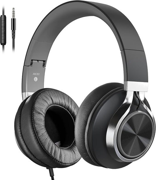 AC01 Headphones Wired Over Ear with Mic Volume Control, Black Grey | Passive Noise Isolating Corded Stereo Headsets for Adults Teens Kids 3.5mm for School, Classroom, Laptop, Chromebook, Travel