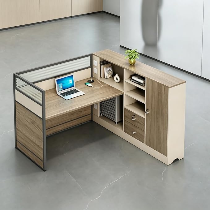 Modern Office Workstation Desk with Side Storage Cabinet, Tempered Glass Privacy Panels, USB Charging Hub & Cable Management, Modular Cubicle Desk for Office Work (B - Right, 1P)