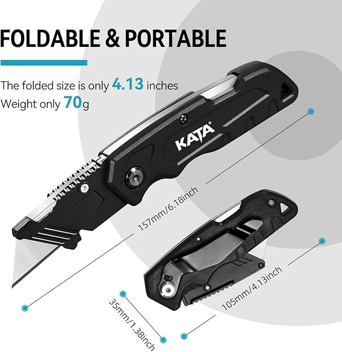 KATA Folding Utility Knife 4-Pack, Heavy Duty Box Cutter with Pocket Clip, Fixed Blade Safety Knife, Quick-Change Razor, Includes 20 Extra SK5 Blades Cutting for Cardboard, Carpet, Rope & DIY