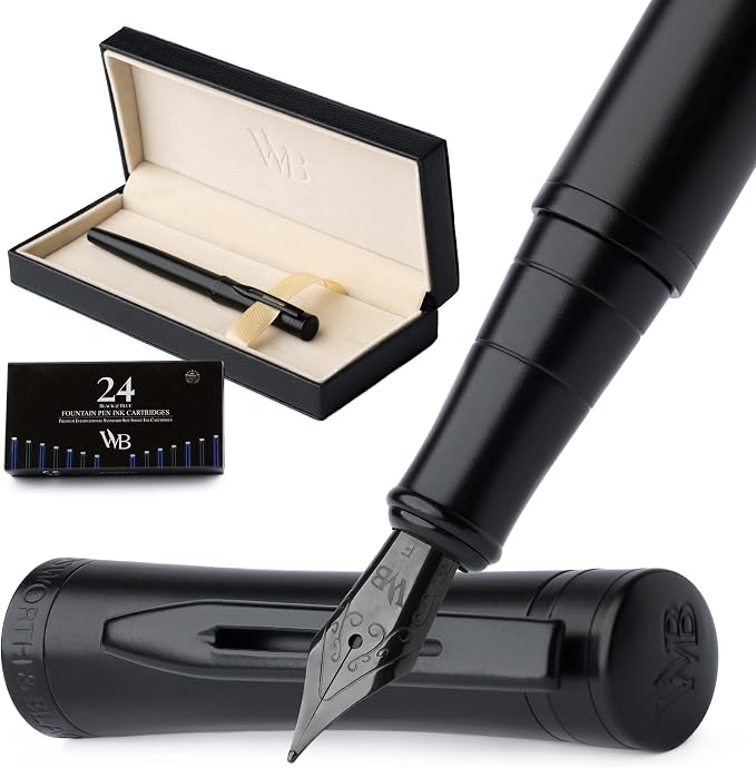 Wordsworth & Black Luxury Fountain Pen Set for Writing, Fine Nib, All Black | Gift for Men & Women, Brass Body, German Iridium, Calligraphy, Converter + 24 Ink Cartridges, Refillable, Leak-Free