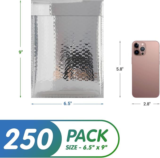 Glamour Metallic Bubble Mailers 6.5 x 9 Inches Silver, 250 Pack Padded Envelopes for Shipping, Mailing, Packaging Protection