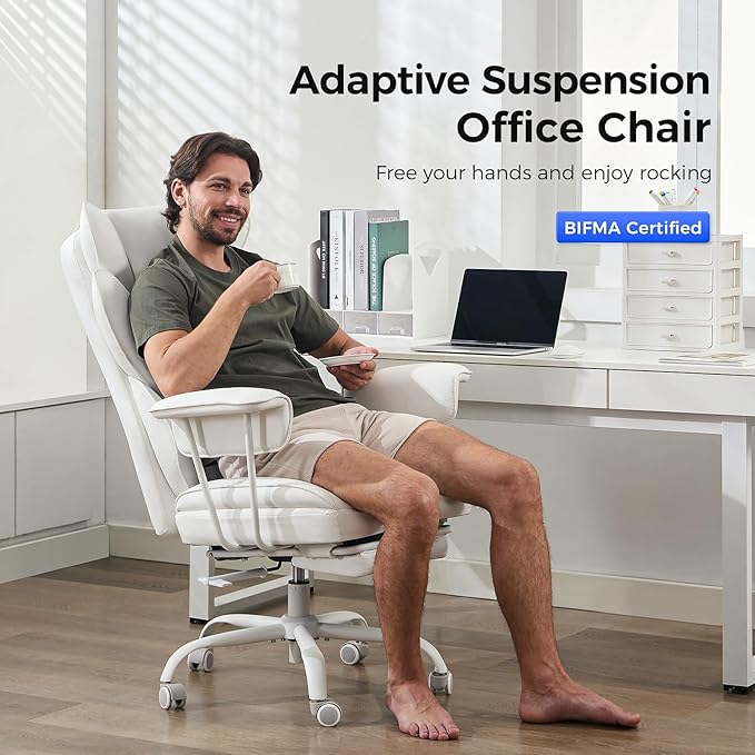 Big and Tall Office Desk Chair -Wide Ergonomic Executive with Footrest, High Back Lumbar Support Reclining Gaming Computer Chair for Heavy People (White)