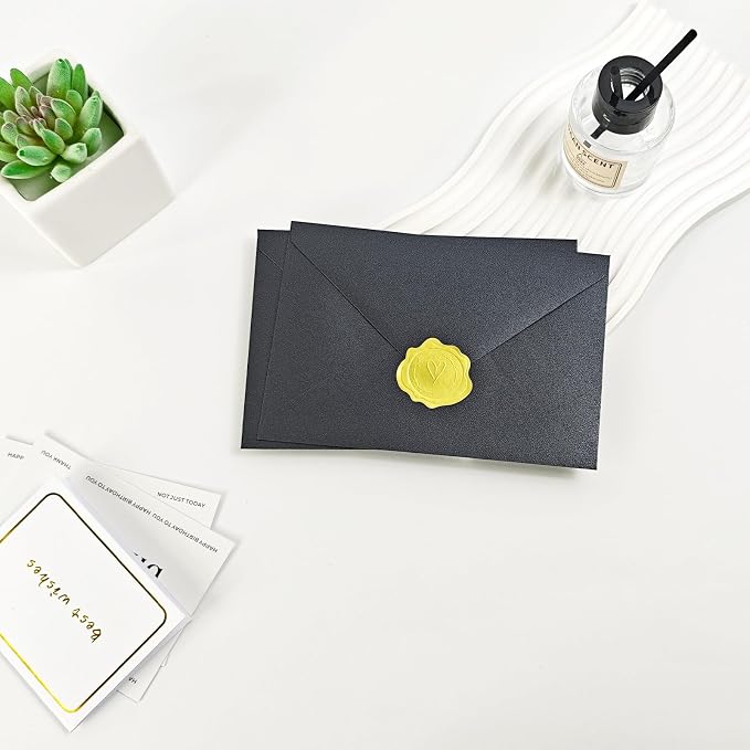 50 PCS 4x6 Pearl Black Envelopes with Stickers, A4 Shimmer Envelopes for Invitations, Great for Wedding Invitation Cards, Birthday Party, Baby Shower, 4 1/4" x 6 1/4"