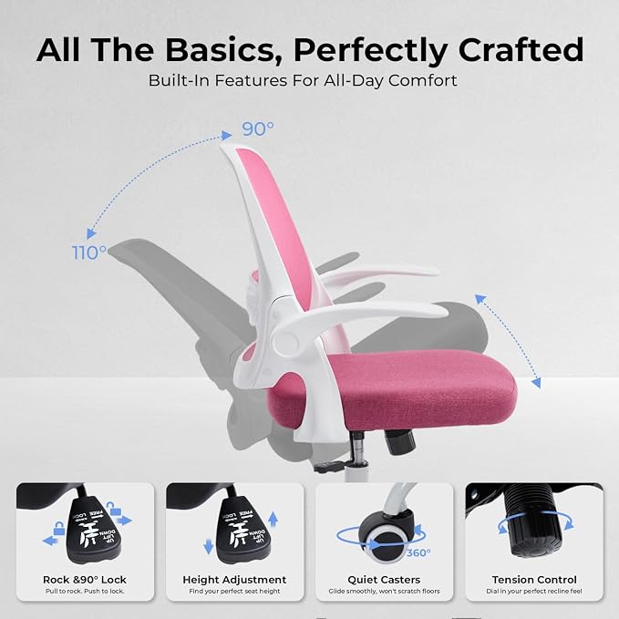 amseatec Mesh Office Chair, Ergonomic Home Office Chair with Flip-Up Arms | Breathable Mesh Back & 3" cushion. BIFMA Certified. 90-110° Rocking. Supports 300 lbs.