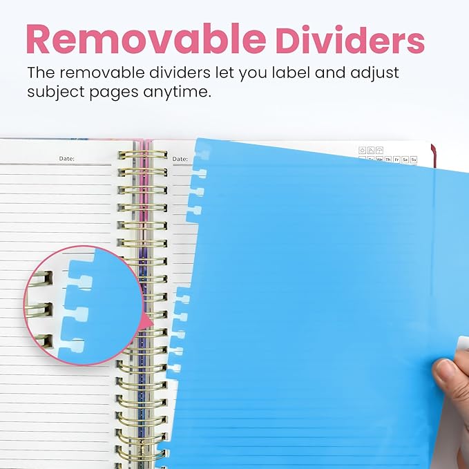 Large Spiral Lined Notebooks for Work with Removable Dividers & Tabs, 8.5"x11" Pretty Hardcover 5 Subject Notebook Journal for Women, College Ruled, Perfect for Study & Office Organization, 280 Pages,Color Splash