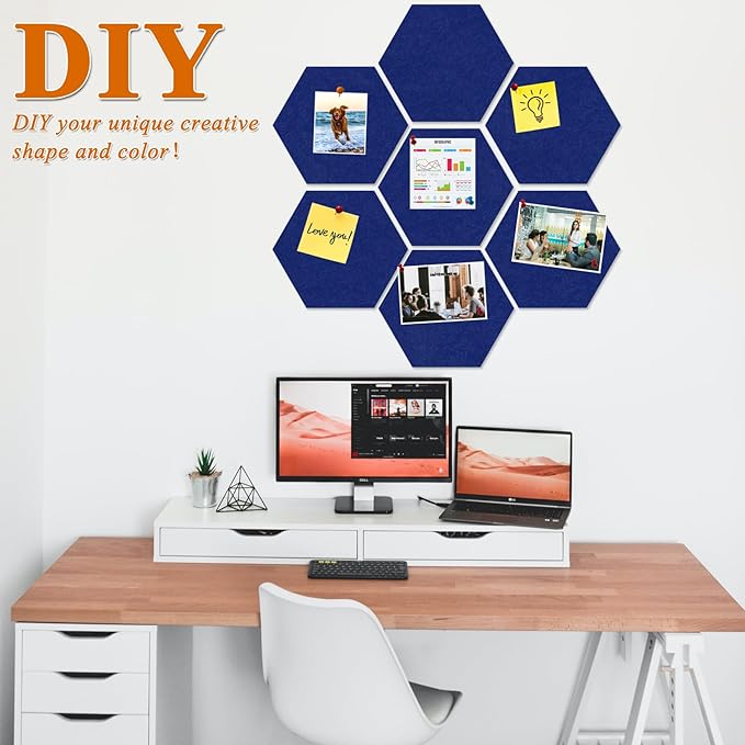 Large Hexagon Felt Cork Board Tiles, Self Adhesive DIY Felt Bulletin Board Pin Board with 35 Pushpins for Office School Home Wall Decor Stickers Memos Photos Display(Dark Blue)