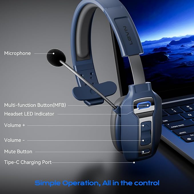 LEVN Bluetooth Headset with Microphone, Trucker Bluetooth Headset with AI Noise Cancelling & Mute Button, Wireless On-Ear Headphones 62 Hrs Working Time, for Trucker Home Office Remote Work Zoom Blue