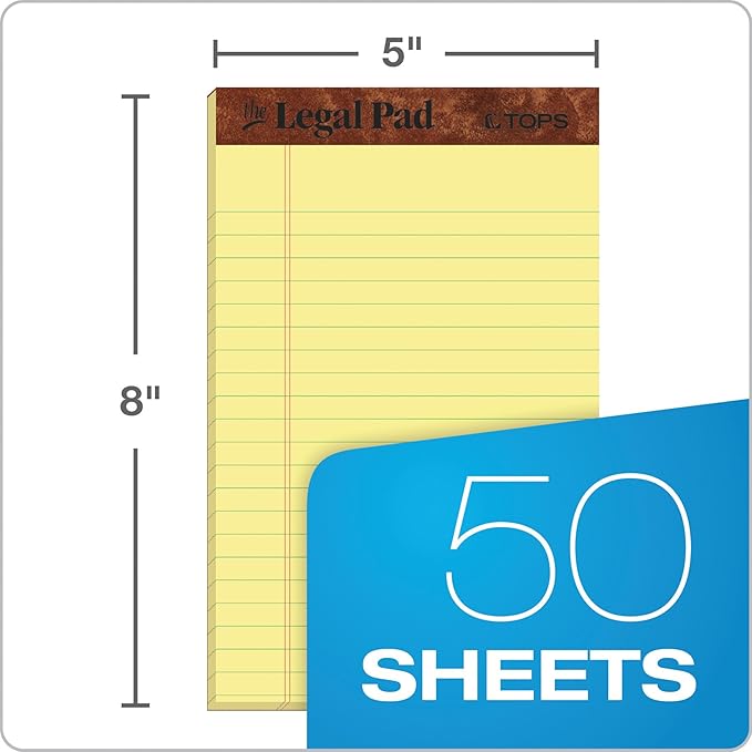 Tops 5 x 8 Legal Pads,The Legal Pad Brand,Narrow Ruled,Yellow Paper,50 Sheets Per Writing Pad,Made in the USA (7501),12 Count (Pack of 12)