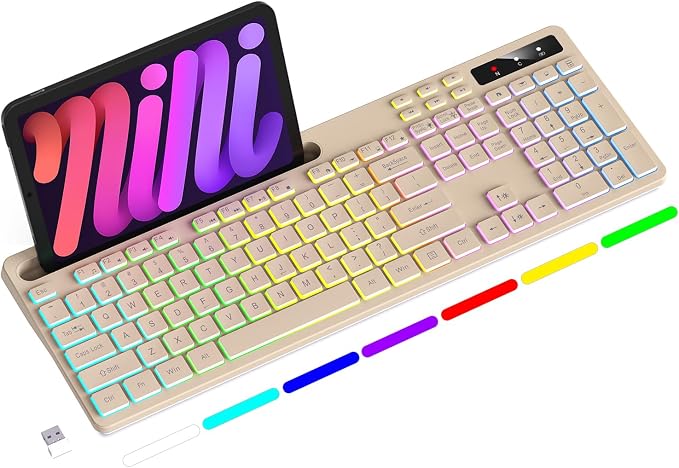 Soueto Wireless Keyboard with 7-Color RGB Backlit, Full-Size Computer Keyboard with Phone Tablet Holder, 2.4G Rechargeable Gaming Keyboard with Light Up Keys, Compatible with Mac, Windows (Latte)