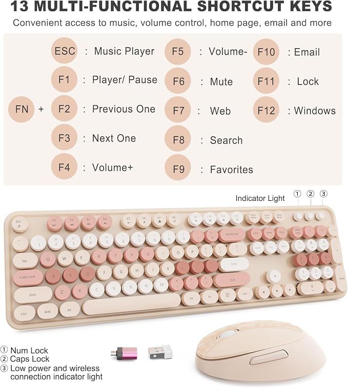 Wireless Keyboard and Mouse, Full-Size Typewriter Keyboard with Retro Round Keycaps, Ergonomic Design, Compatible with Windows PCs, Ideal for Home and Office. (Milk Tea)